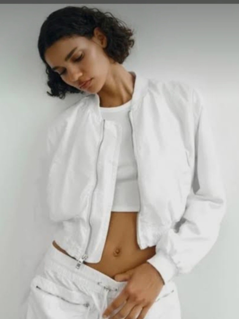 Zara White Women's Bomber Jacket - Cropped Zip Front